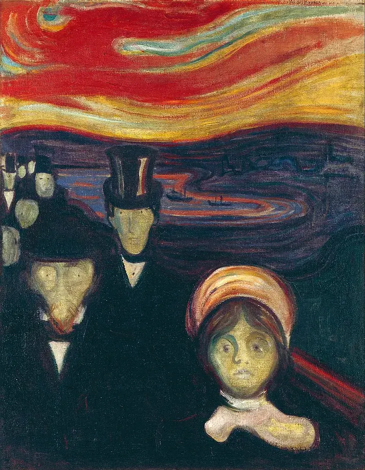 Ansiedade, de Edvard Munch. O artista sofria de transtornos psiquiátricos, inclusive síndrome do pânico.