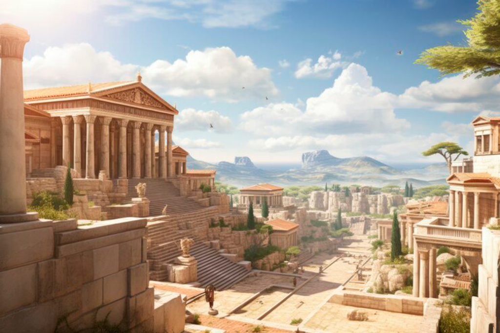 Bela imagem urbana da Grécia Antiga gerada por inteligência artificial