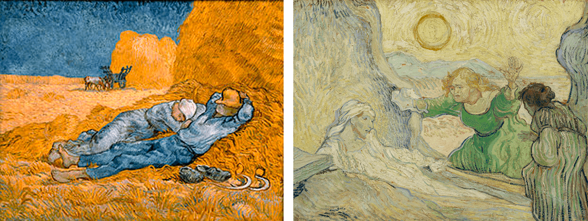 Cópias de Van Gogh de “Repouso ao Meio-Dia”, de Millet; e de “A Ressureição de Lázaro”, de Rembrandt