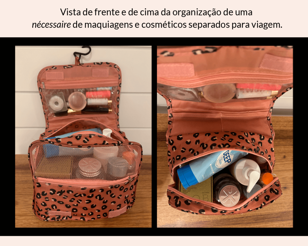 Organização de cosméticos e produtos de beleza dentro da mala