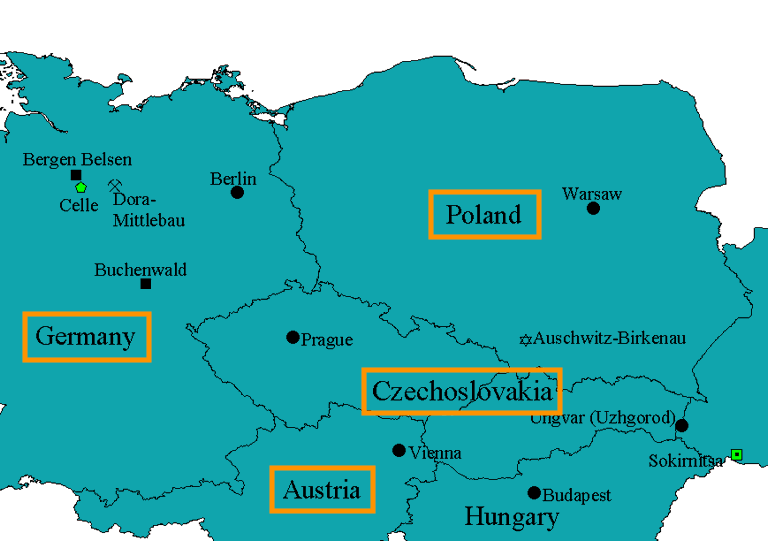 Mapa mostrando Alemanha, Áustria, Tchecoslováquia e Polônia - cenários marcantes para a Segunda Guerra Mundial
