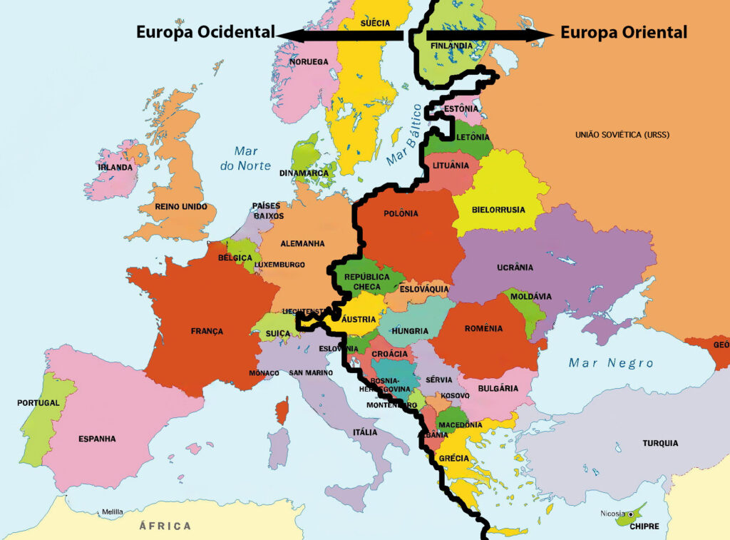 Mapa delimitando Europa Ocidental e Europa Oriental - Segunda Guerra Mundial