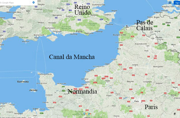 Mapa mostrando Reino Unido, Canal da Mancha e localidades importantes da França na Segunda Guerra Mundial, como Normandia e Pas de Calais