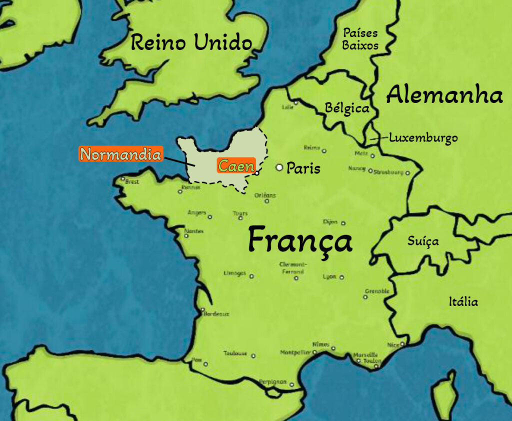 Mapa mostrando França e países vizinhos com destaque para a região Francesa de Normandia, Segunda Guerra Mundial