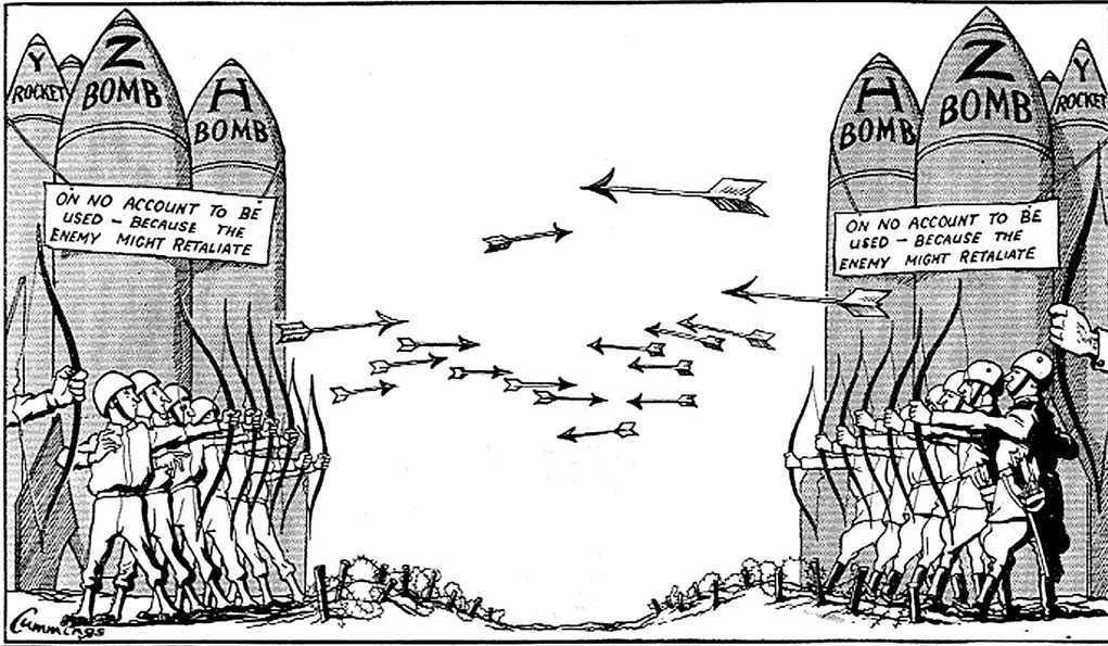 Cartoon representando-a corrida armamenticia entre EUA e URSS durante a Guerra Fria - Fonte: Reddit