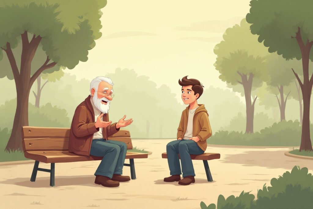 sábio idoso conversando no banco da praça com jovem. atencioso você é o reflexo do lugar onde está